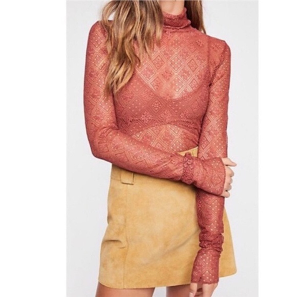 Free People Rust Lace Long Sleeve Top